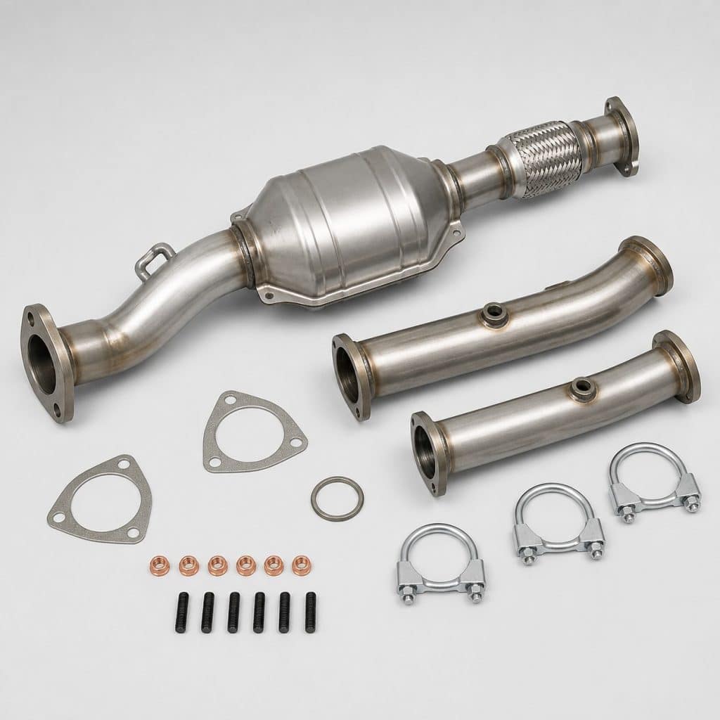 Kit catalyseur avec joints et colliers de serrage présenté sur fond neutre