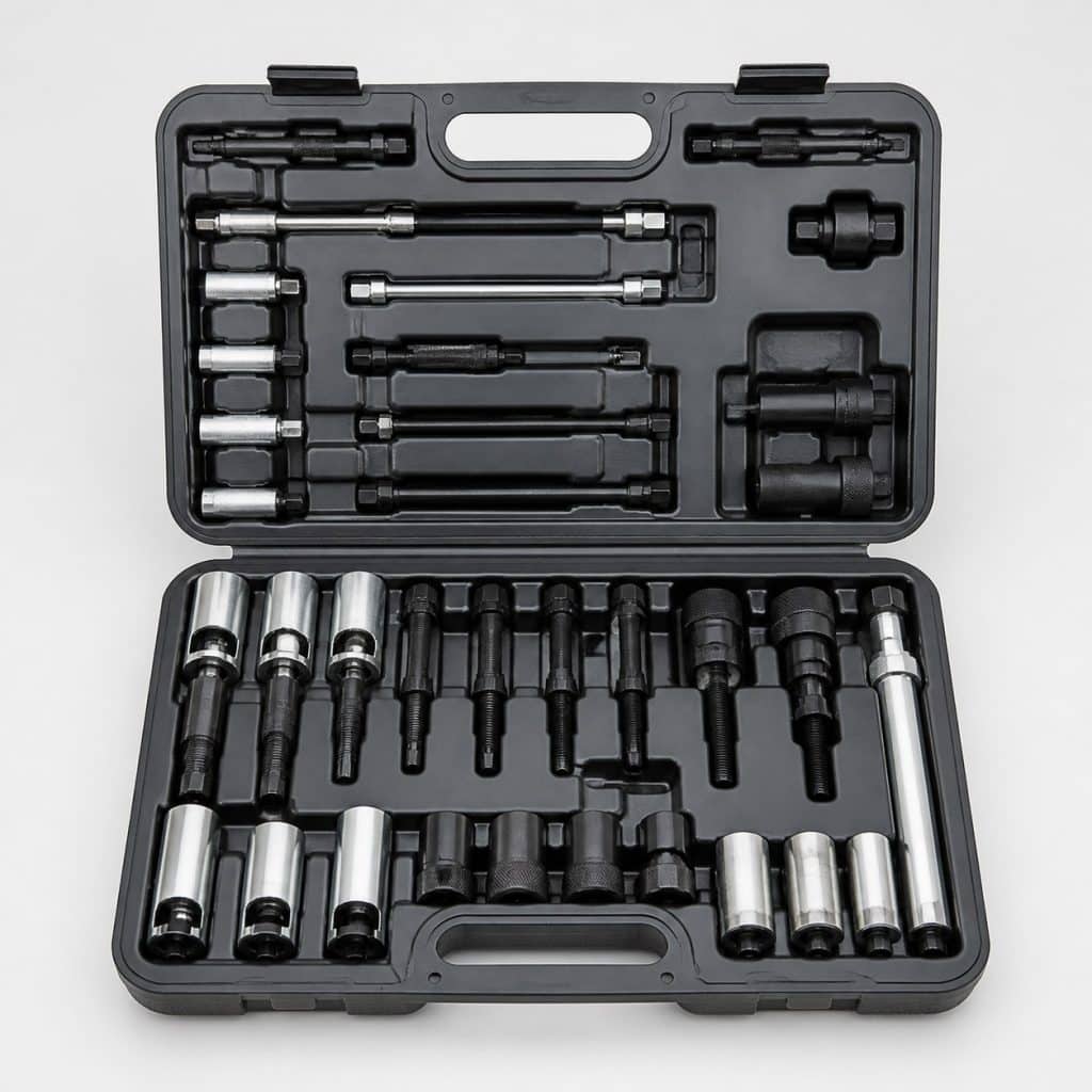 Kit complet d'extraction de bougies de préchauffage présenté sur fond neutre