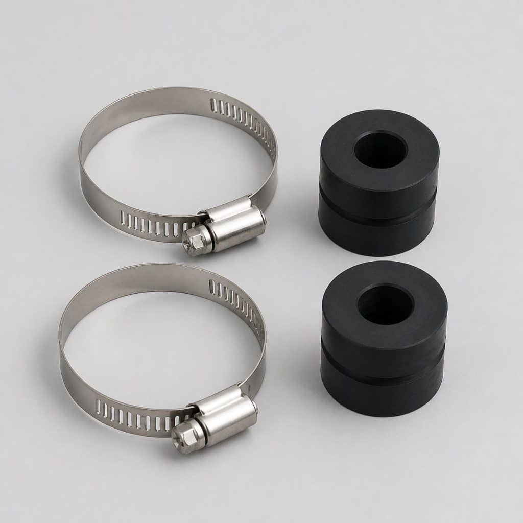 Kit de fixation catalyseur, colliers et silentblocs présenté sur fond neutre