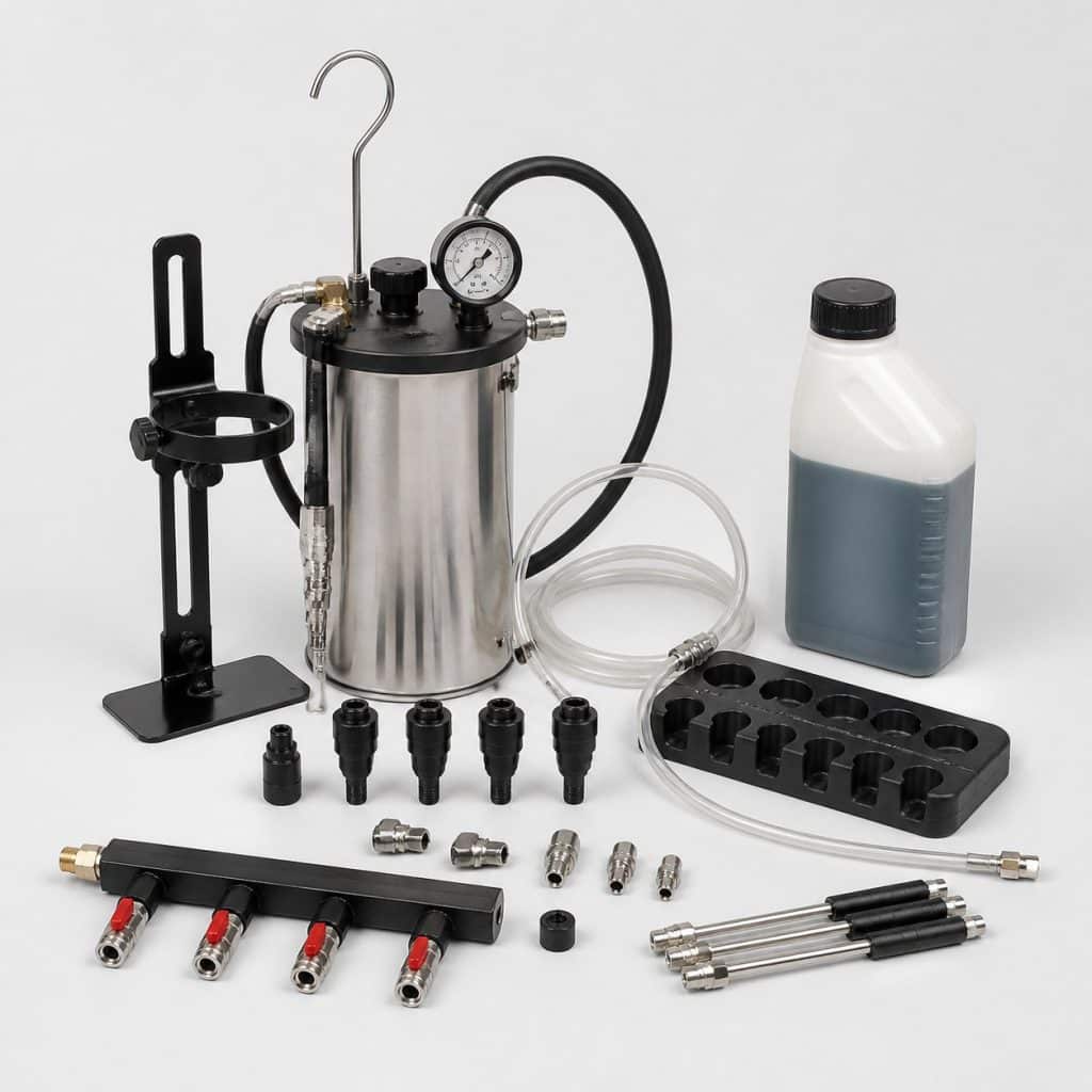 Kit de nettoyage d'injecteurs par ultrasons présenté sur fond neutre