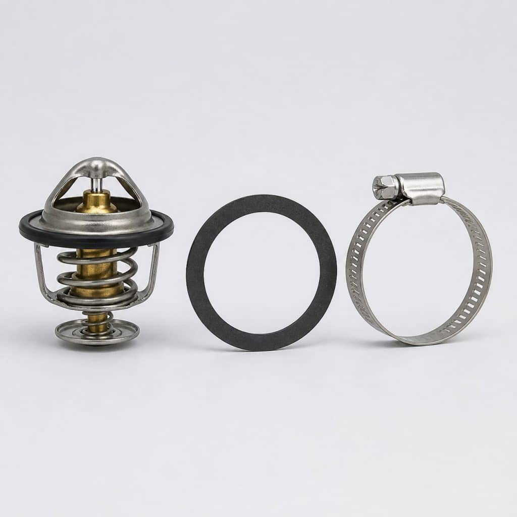 Kit thermostat avec joint et collier présenté sur fond neutre