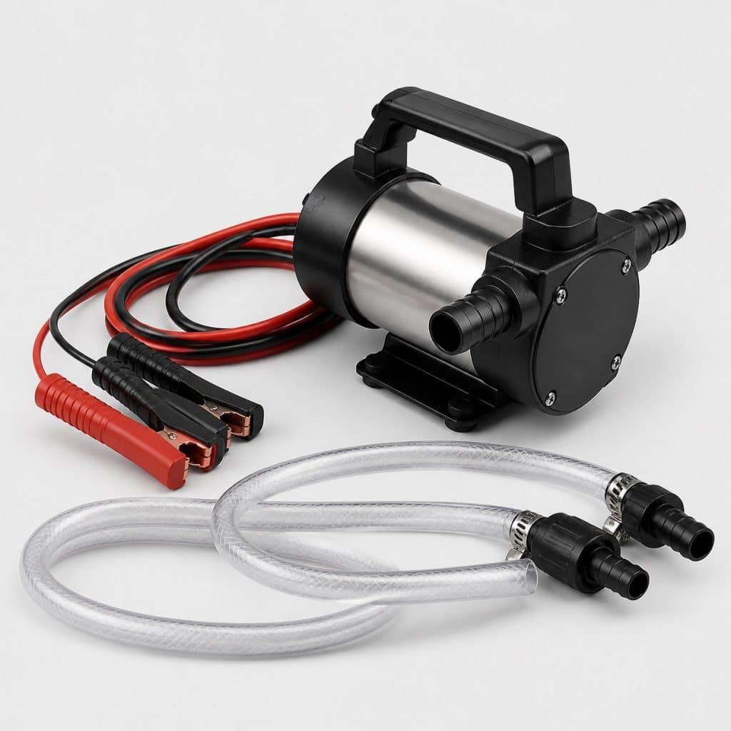 Pompe à carburant universelle 12V présentée seule avec ses accessoires