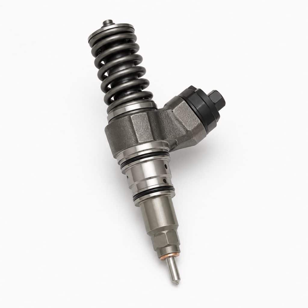 Pompe-injecteur diesel reconditionnée présentée seule sur fond neutre