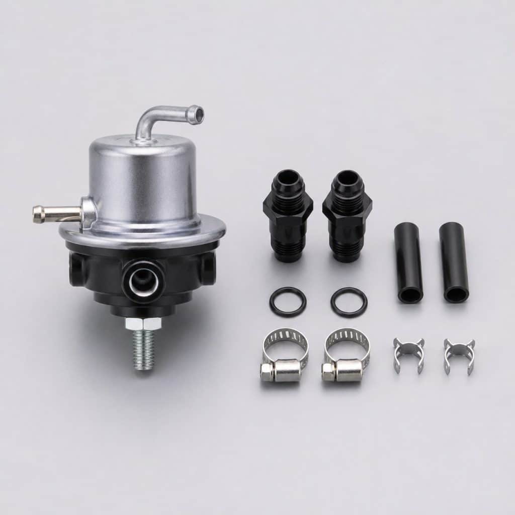 Régulateur de pression de carburant essence présenté avec son kit de raccords
