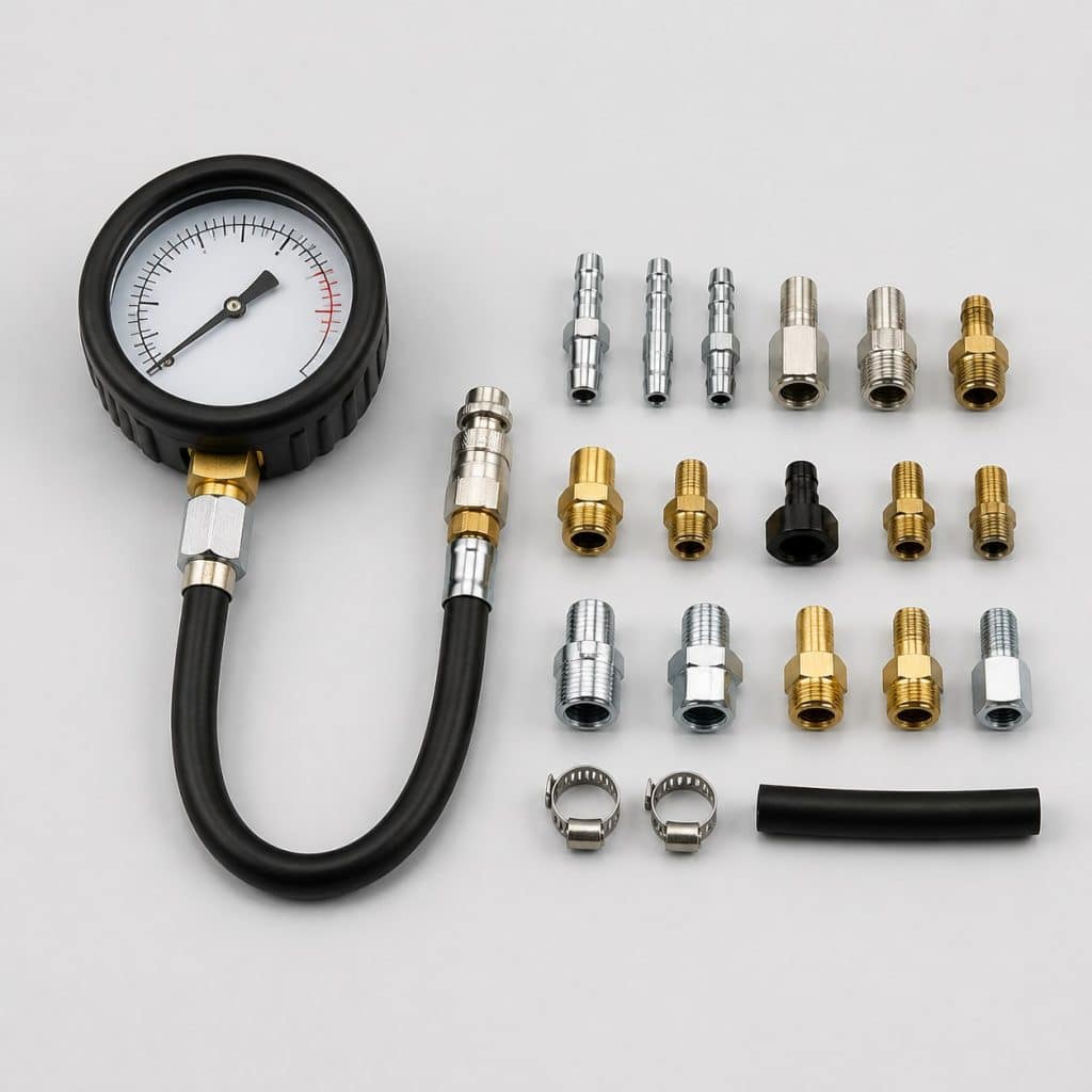 Manomètre testeur de pression carburant présenté avec son kit de raccords